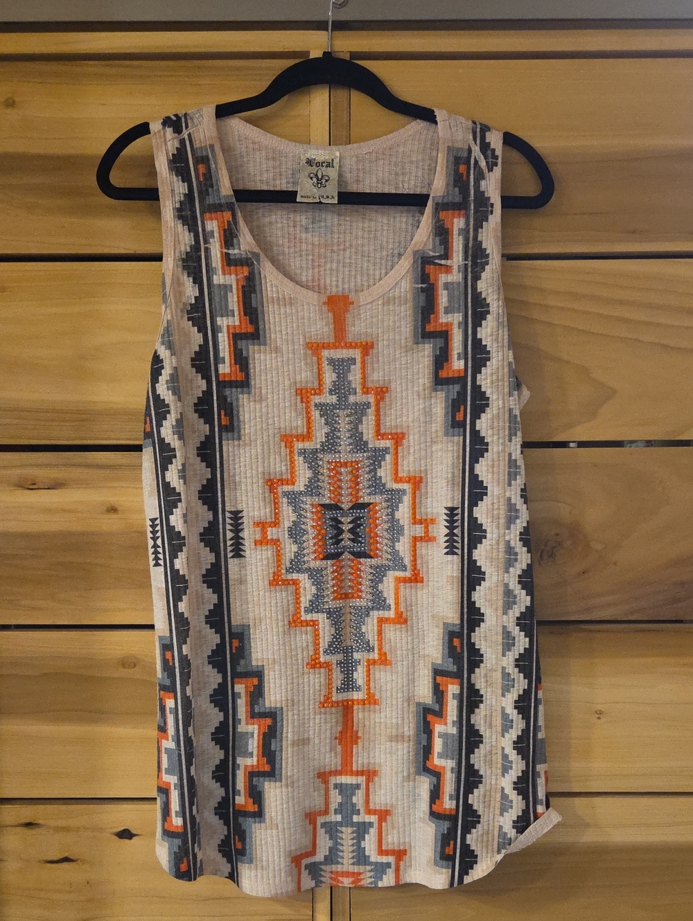 Vocal Studded Tank Top with Orange and Gray Aztec Print